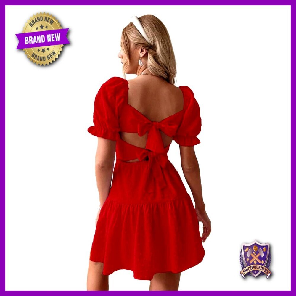 Swiss Dot Mini Dress Tie Backless Ruffle Hem Flowy Casual Summer Chic